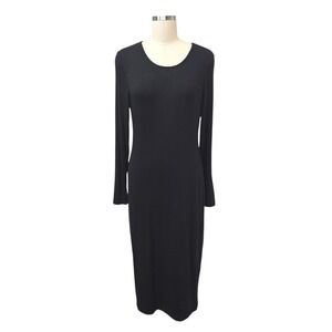 Quince Black Ribbed Long Sleeve Crew Neck Midi Dress Women's Size Large